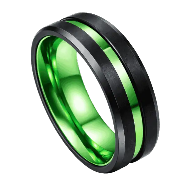 A black tungsten ring with a centre groove of vivid green and a green interior.