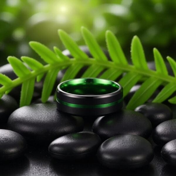 A ring sits above shining black pebbles and with vivid green leaves in the background. The ring is made with tungsten and has a green insert, providing a groove of green as well as a green inside.