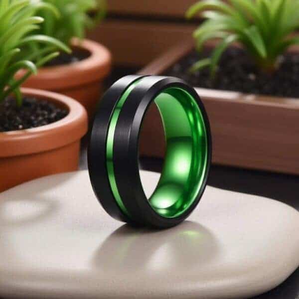 Among the house plants, a ring sits upright balanced on a pebble. It is a black tungsten ring that features green in its centre groove, and its interior.