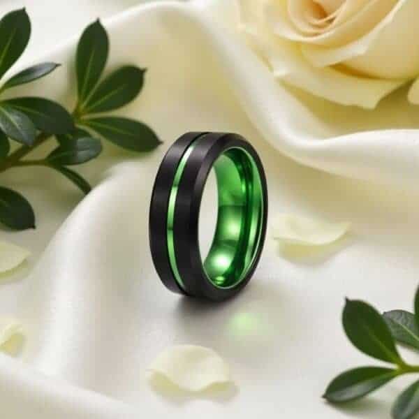 Ready for the wedding ceremony, the ring is placed on a white linen. The ring is surrounded by white petals from the nearby rose, as well as green leaves. The ring is a black tungsten ring that has a groove of green, as well as green on the inside.