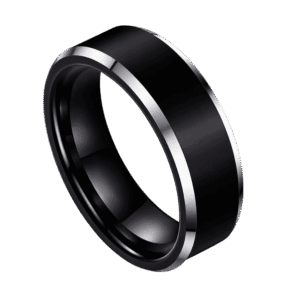 A close up image of a black titanium ring that has polished silver bevelled edges. The finish of the ring is smooth matte black.