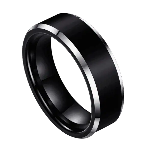 A close up image of a black titanium ring that has polished silver bevelled edges. The finish of the ring is smooth matte black.