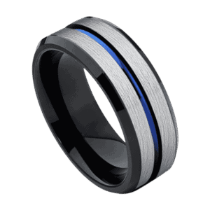 A detailed close up image of a tungsten ring. A brushed silver ring with a centre groove of blue and polished black edges.