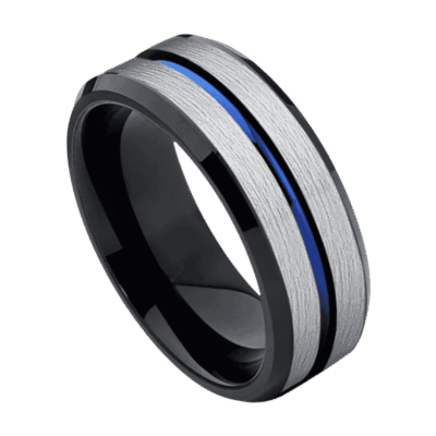 A detailed close up image of a tungsten ring. A brushed silver ring with a centre groove of blue and polished black edges.