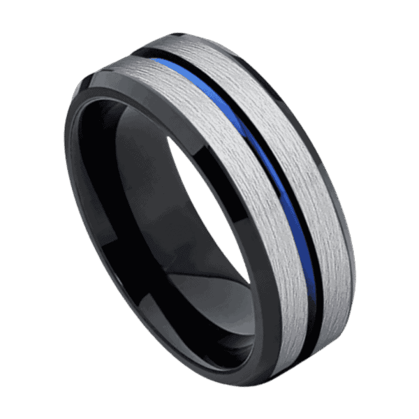 A detailed close up image of a tungsten ring. A brushed silver ring with a centre groove of blue and polished black edges.