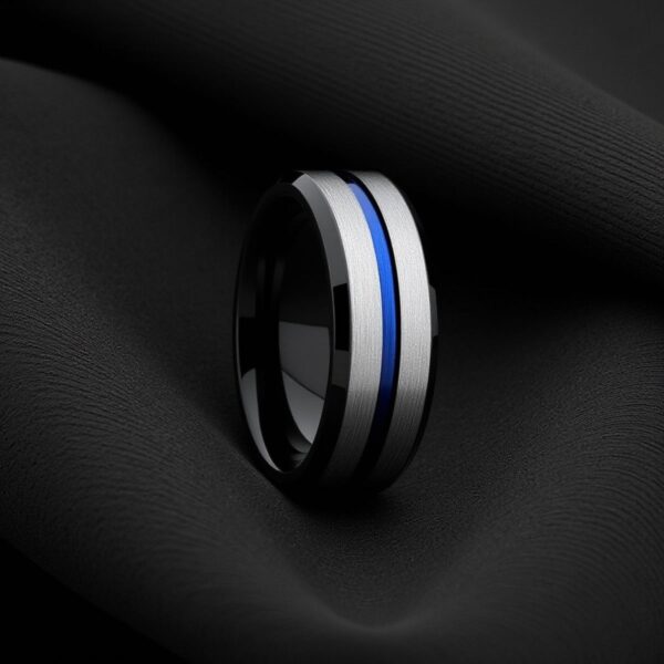 A detailed view of a tungsten ring on black cloth. The ring is silver, blue and black. It has bevelled edges and a polished blue inside.
