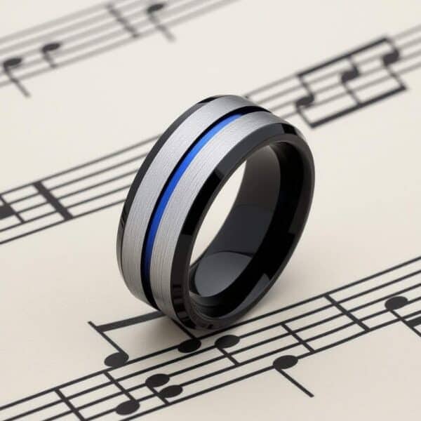 A macro view of a tungsten ring. Standing upright, on top of sheet music, is a tungsten ring. It has brushed silver sections, a blue inlay and black bevelled edges, and a black inside.