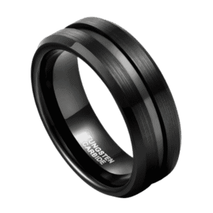 A mans black tungsten ring. Featuring two raised sections with a brushed finish and a smooth centre groove.