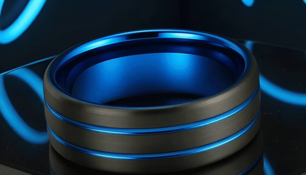 Shiny metallic ball bearing illuminated with blue accents on a dark surface.