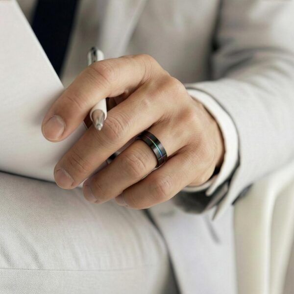 Black and rainbow mens ring – male wedding band and fashion statement ring with custom engraving.