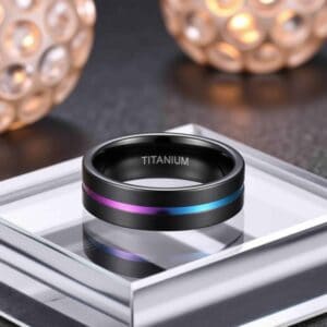 Men's Titanium Ring - Black with Iridescent Groove- Ambience