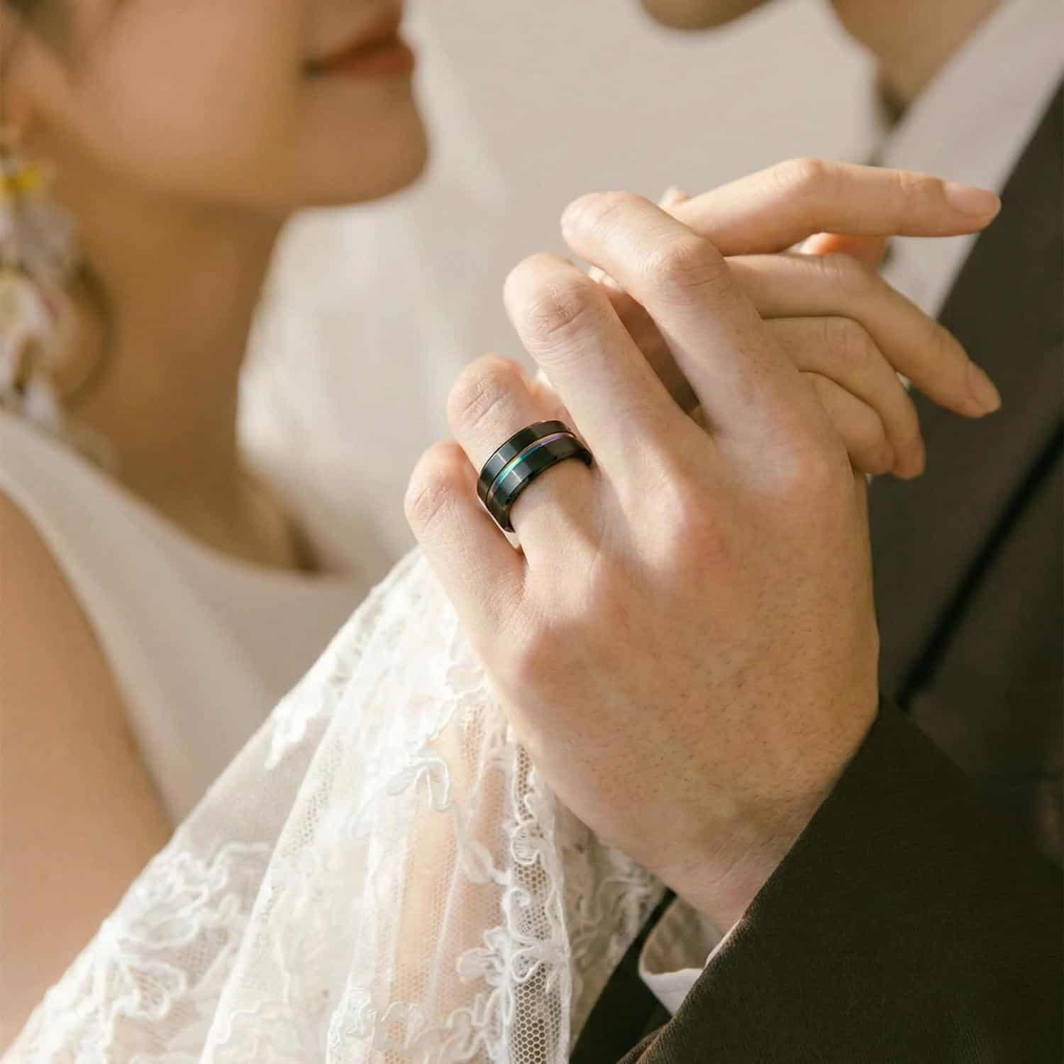 Black titanium ring for men – mans wedding and engagement ring with personalised engraving.