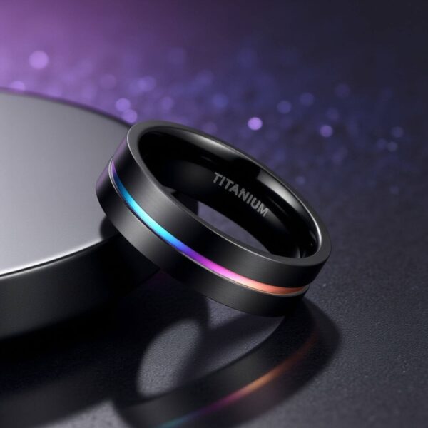 Black titanium ring for him featuring a groove of iridescent rainbow. Personalised Engraving Option