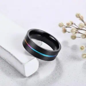 Men's Titanium Ring - Black with Iridescent Groove- Ambience