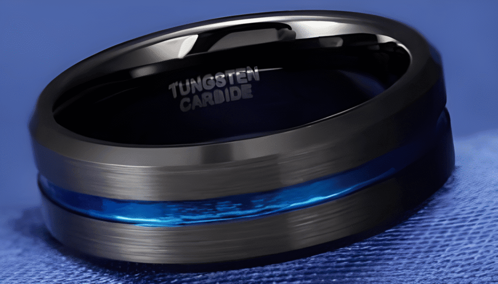 Visionary men’s tungsten ring in matte black with a striking blue centre groove — a bold, modern band symbolising strength and individuality, perfect for weddings, promises, or everyday style.