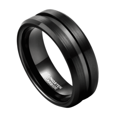 A mans black tungsten ring. Featuring two raised sections with a brushed finish and a smooth centre groove.