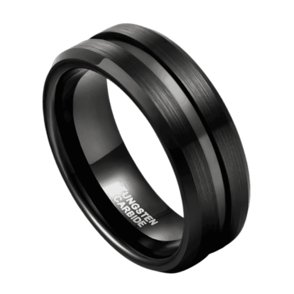 A mans black tungsten ring. Featuring two raised sections with a brushed finish and a smooth centre groove.