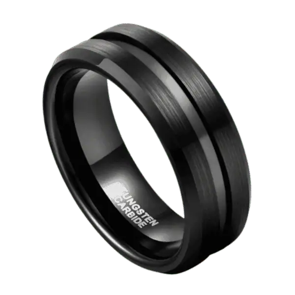 A mans black tungsten ring. Featuring two raised sections with a brushed finish and a smooth centre groove.