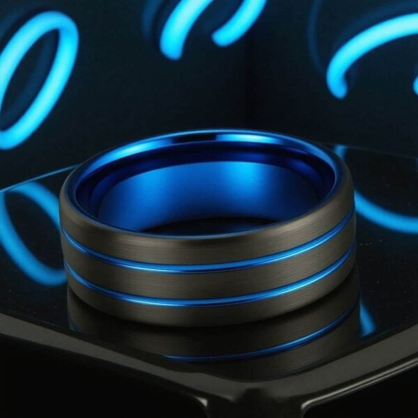 Mens Fashion Statement Ring - Black Tungsten with Blue