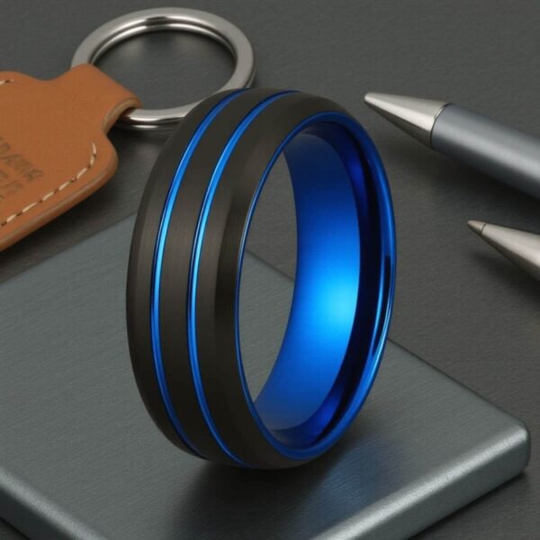 Eternity ring for gents. Black band with lines of blue.