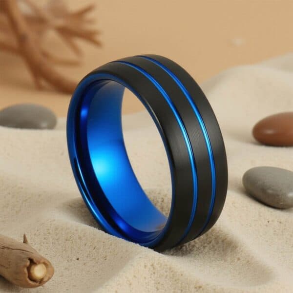 Mens Black Tungsten Ring with Double Groove of Blue