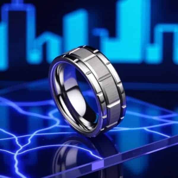 Against a background of electric blue, a ring stands upright on a stand. It is a silver tungsten ring. This substantial ring features a block pattern.