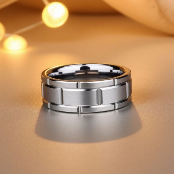 With gentle lighting, a ring is under the spotlight. It is a silver band made with tungsten and seems ideal as a mans wedding ring. It has an innovative block pattern.