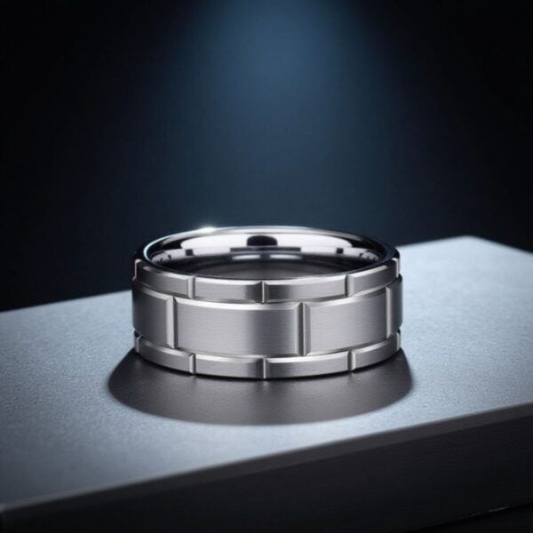 On a grey stand, a ring lays on its side. An impressive tungsten ring in silver with a block work pattern.