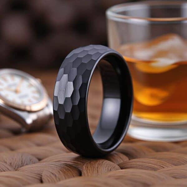 Hammered effect mens ring made with black tungsten