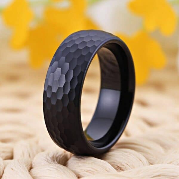 mens black ring with hammered effect, promise band 8mm 