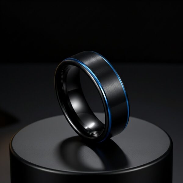 black tungsten ring for men with blue sides – male fashion statement and wedding band.