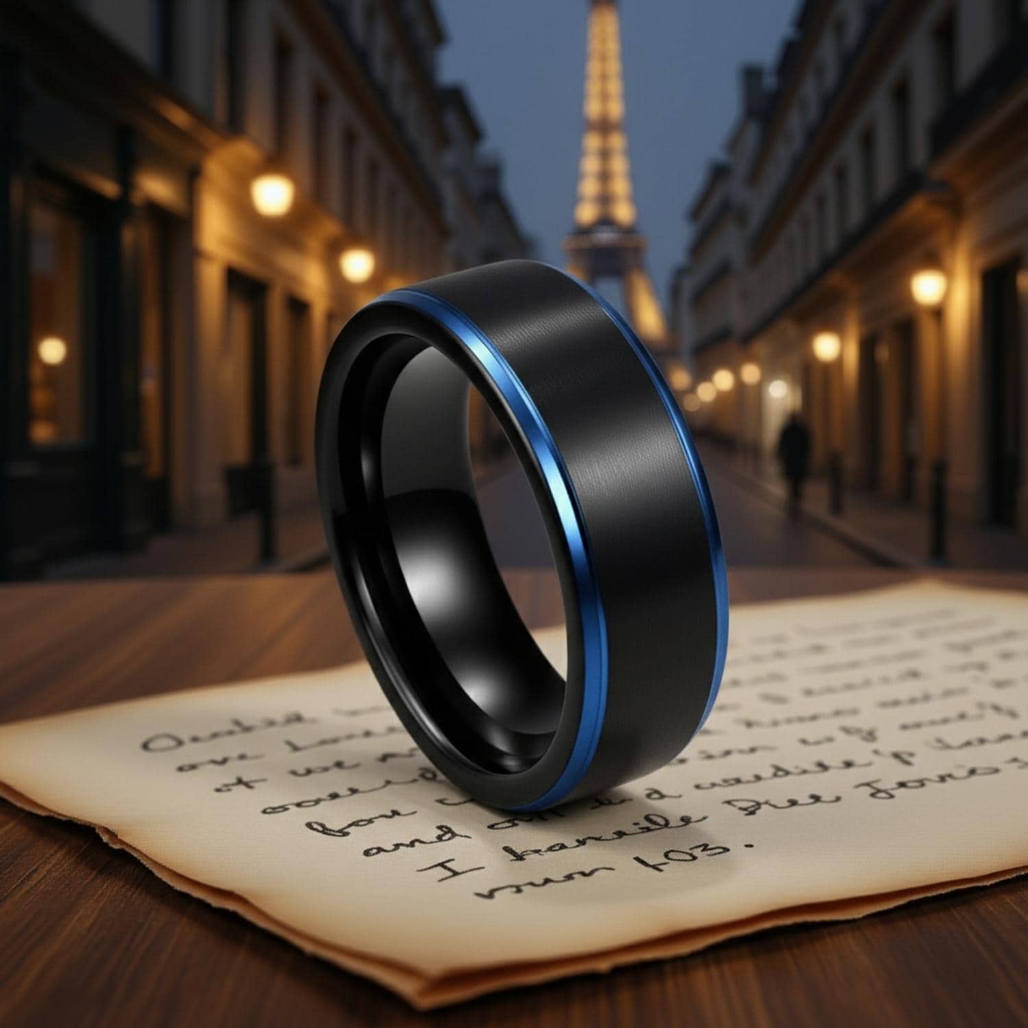 Black ring for men with vivid blue edges – tungsten male wedding band with custom ring engraving.