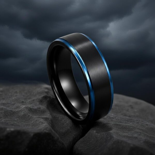 Mens black and blue tungsten ring – male wedding band and engagement ring with custom engraving.