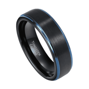 Maven mens black and blue tungsten ring with brushed centre and polished sides – wedding band with personalised engraving.