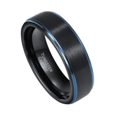 Maven mens black and blue tungsten ring with brushed centre and polished sides – wedding band with personalised engraving.