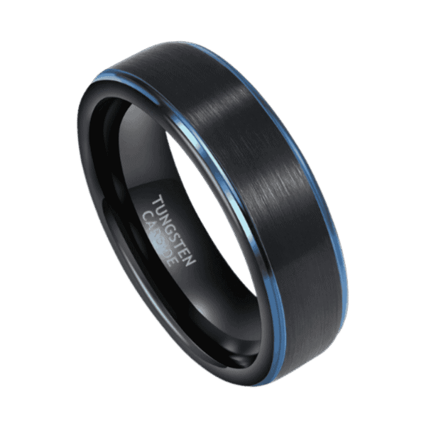 Maven mens black and blue tungsten ring with brushed centre and polished sides – wedding band with personalised engraving.