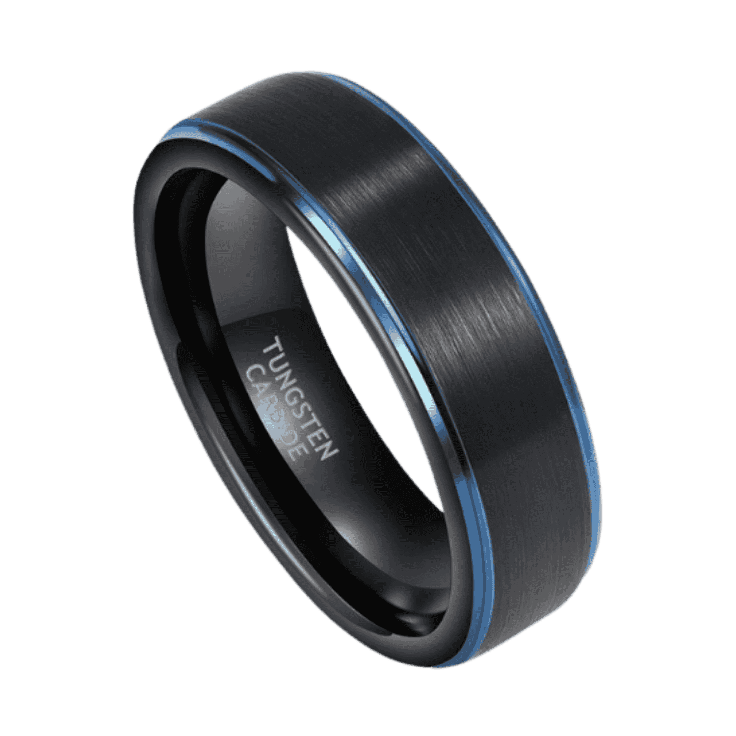 Maven mens black and blue tungsten ring with brushed centre and polished sides – wedding band with personalised engraving.
