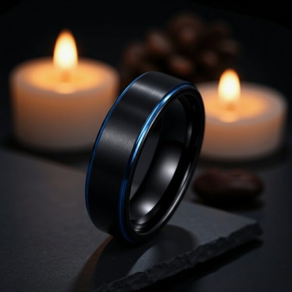 Mens wedding band in black and blue tungsten – engagement and eternity ring for guys with custom engraving.