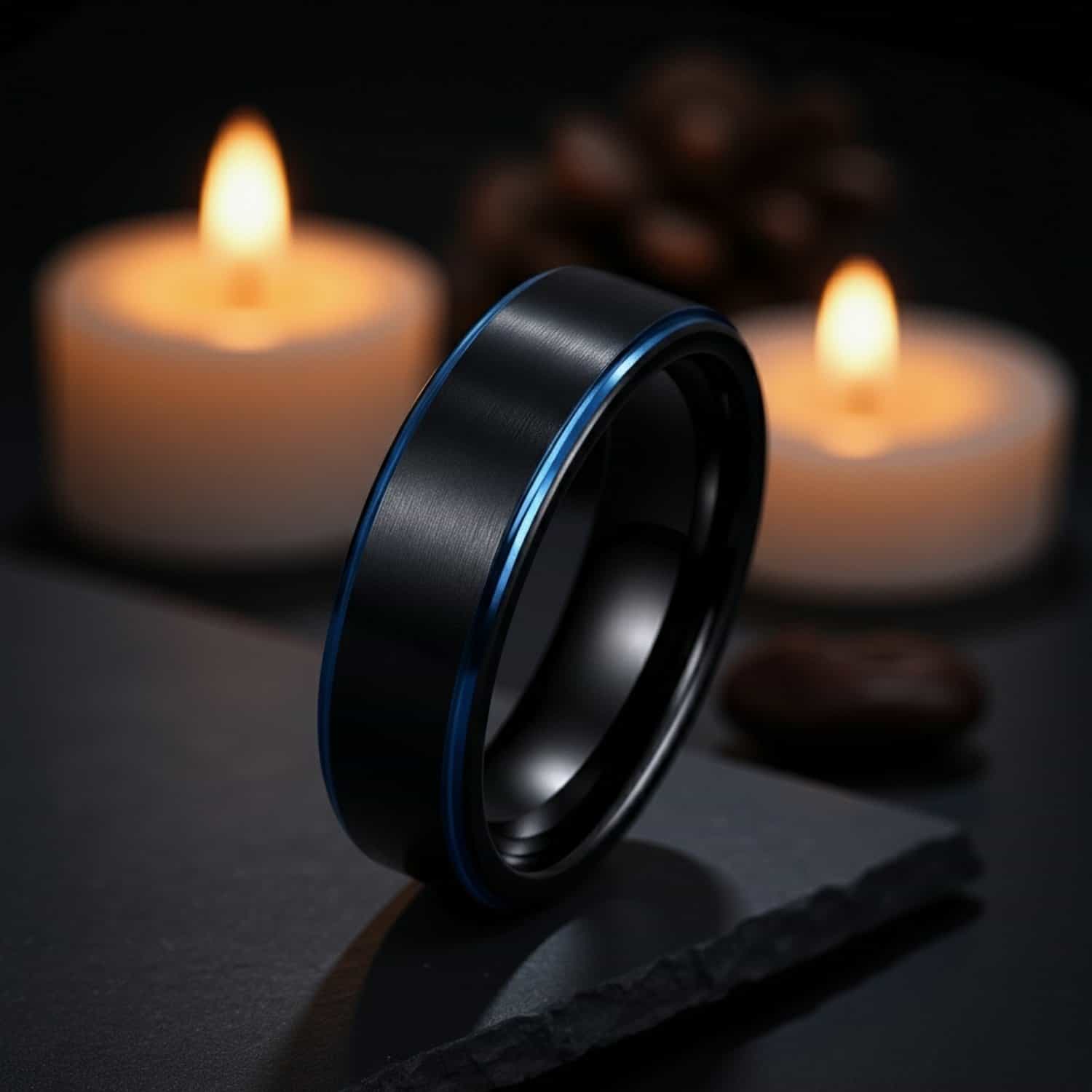 Mens wedding band in black and blue tungsten – engagement and eternity ring for guys with custom engraving.