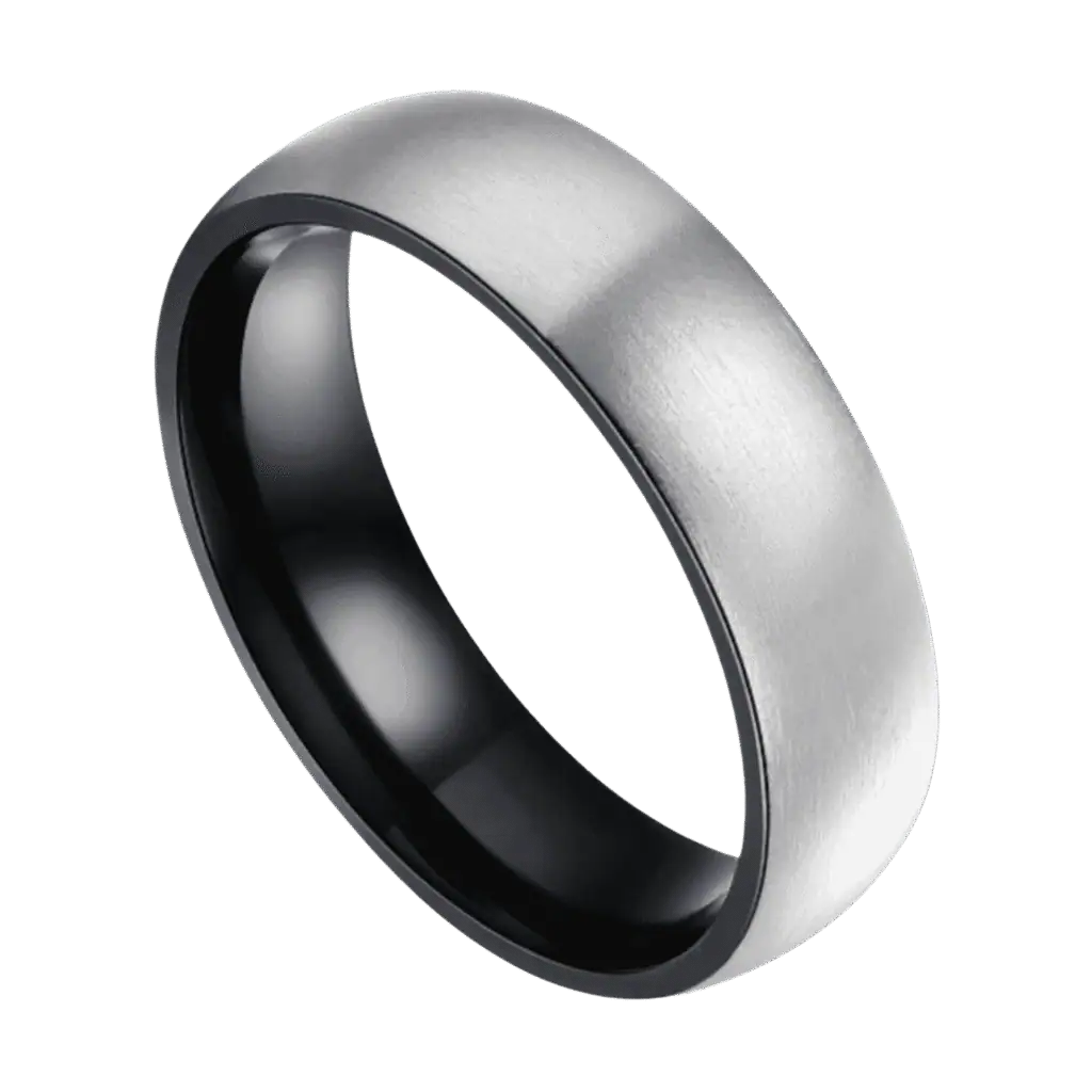 Brushed silver and black titanium ring for men, elegant dome-shaped mens wedding band or engagement eternity ring with custom engraving.