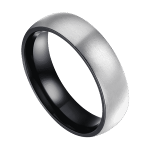 Brushed silver and black titanium ring for men, elegant dome-shaped mens wedding band or engagement eternity ring with custom engraving.