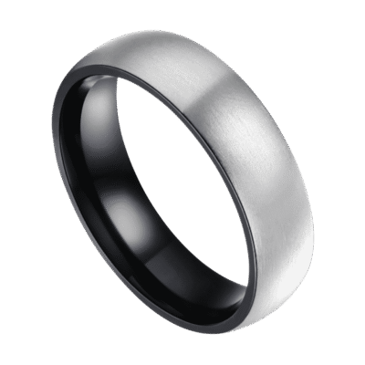 Brushed silver and black titanium ring for men, elegant dome-shaped mens wedding band or engagement eternity ring with custom engraving.