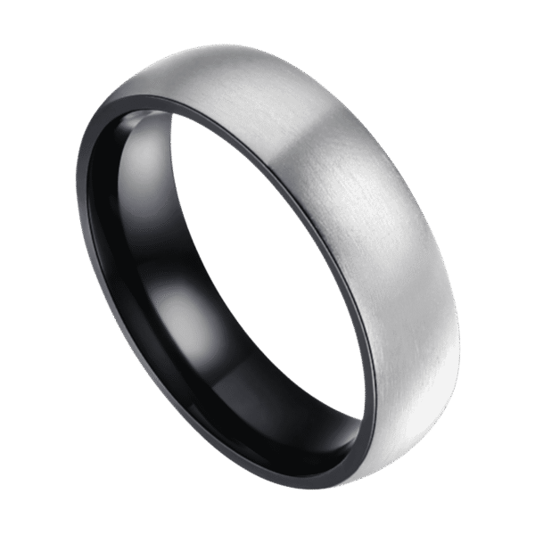 Brushed silver and black titanium ring for men, elegant dome-shaped mens wedding band or engagement eternity ring with custom engraving.