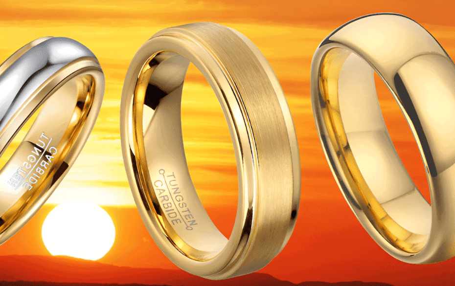 Shiny gold and silver wedding rings against a sunset background, symbolising love and commitment, available at Newman Bands for custom bridal and wedding jewellery.