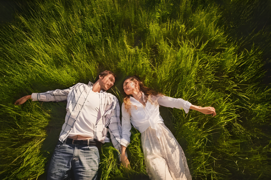 Couple relax on the grass together