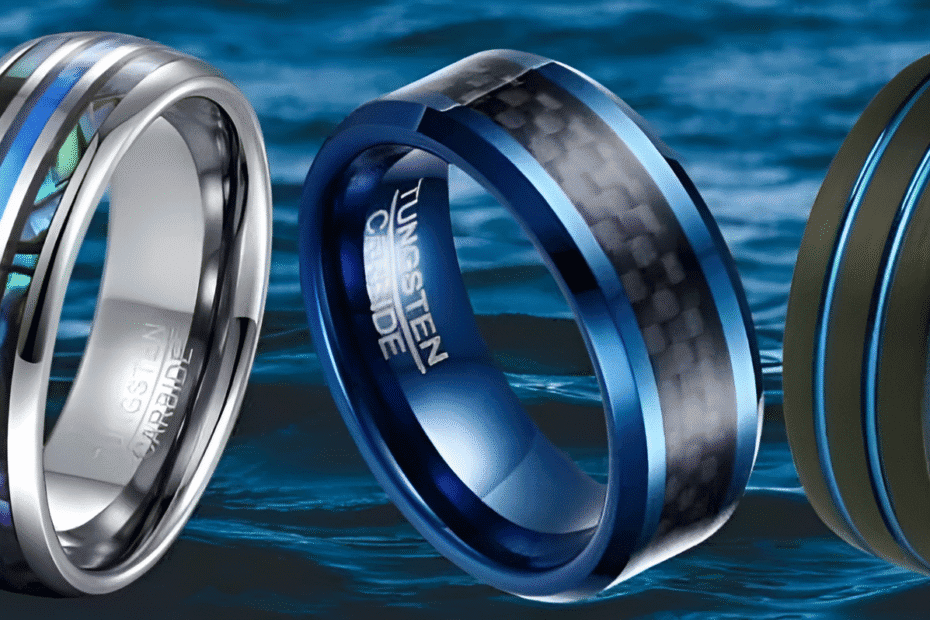 Shiny wedding rings with blue, black, and multicolour inlays, floating on water, symbolising jewellery and alliance design.