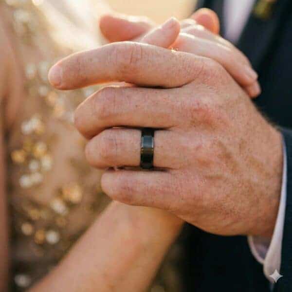 A couple join hands in dance. On the mans hand is a black tungsten ring that has a rose gold interior.