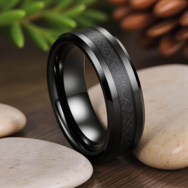 Mans Black Fashion Statement Ring. With inlay of faux meteorite