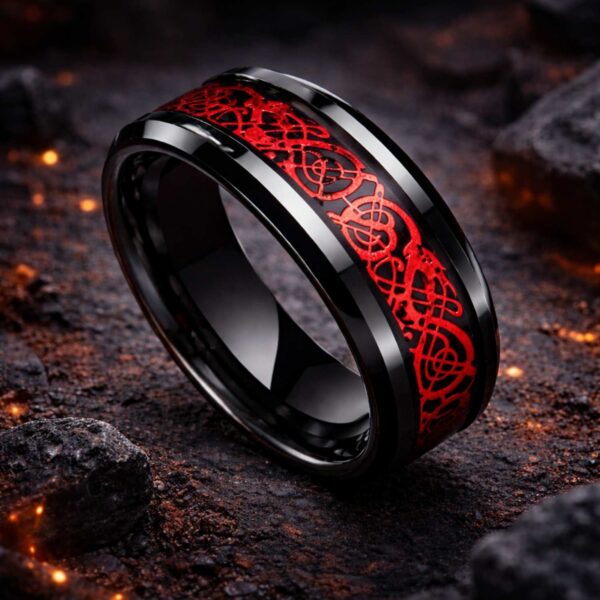Mens black and red carbon fibre ring – Phoenix tungsten engagement and eternity band for guys.