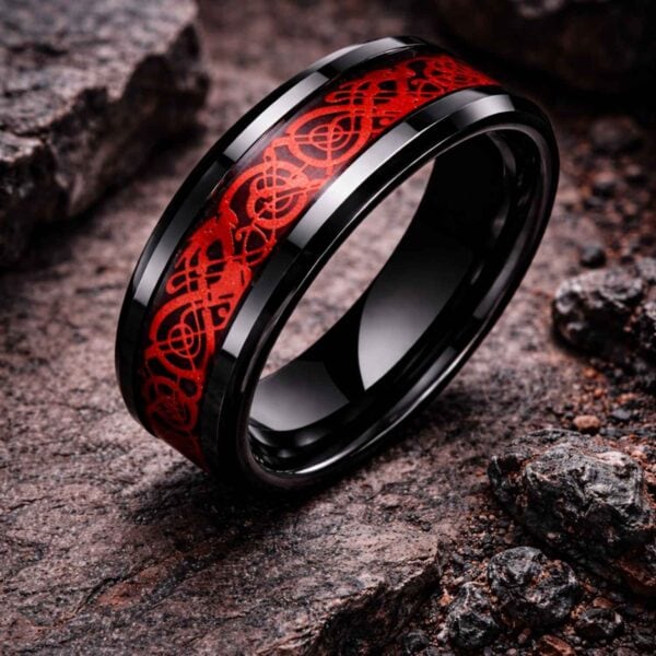 Black and red mens ring ideally suited as a mens wedding ring or engagement ring. Carbon fibre and tungsten statement ring for guys.